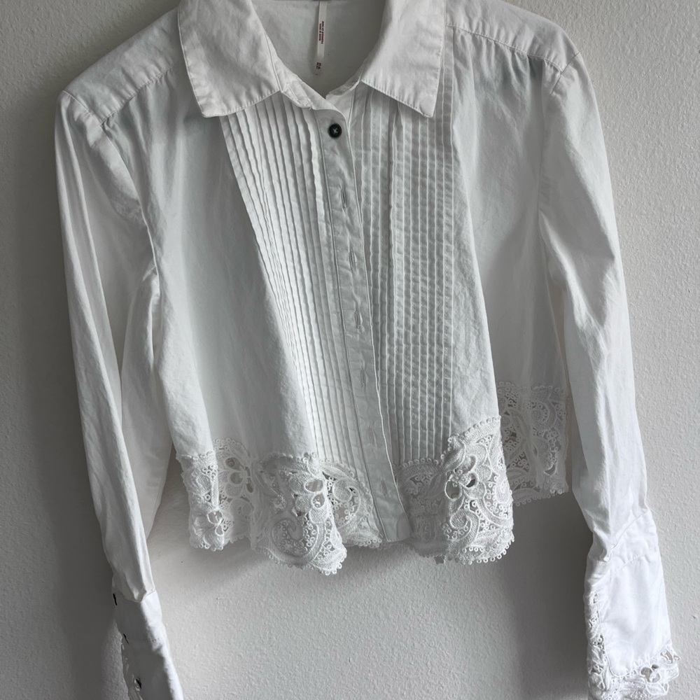 Free People White Button-Down Shirt with Pintuck Detail